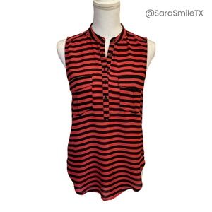 ELODIE Red Black Striped Sleeveless Partial Button Down Top